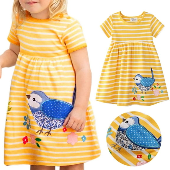 JUoaLXG Toddler Girls Casual Dresses Summer Bird Print Short Sleeve Floral Embroidery Dress Activewear,Yellow,3-4 Years