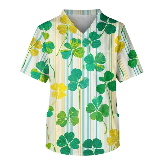Unisex V Neck Scrub Top Short Sleeve Lightweight Four Leaf Clover Print Medical Uniform Shirt for Healthcare Work Army Green L