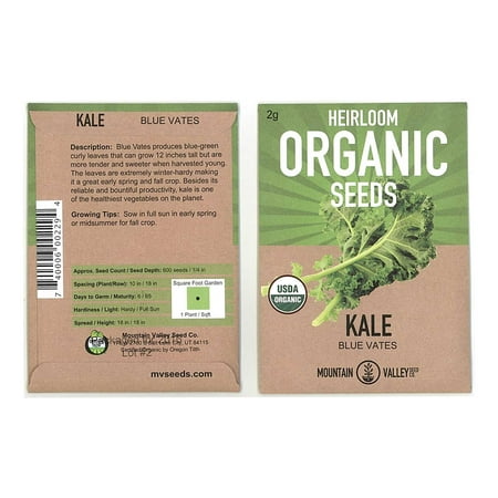 Organic Kale Garden Seeds - Vates Blue Scotch Curled - 2 g Packet - Non-GMO, Heirloom- Vegetable Gardening &