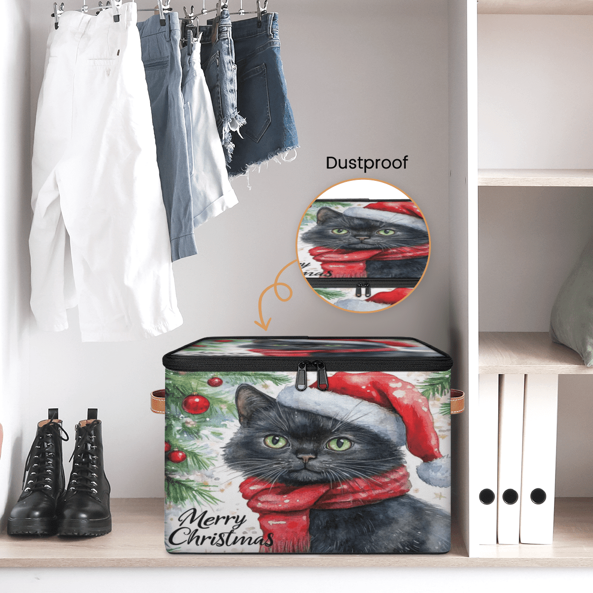 ADECORIVY Black Cat Christmas Storage Bin with Zipper Lid, Fabric Foldable Shelf Baskets Boxes, Closet Lidded Storage Bins, Decorative Clothes Organizer for Bedroom Home