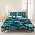 thumbnail image 3 of Twin Quilt Set 68''x86'', Deep Green Fishes Lightweight Summer Bedspread Coverlet Set with 2 Pillow Shams, Cartoon Coastal Ocean Fish Striped Breathable All Season Quilt Bedding for Dorm/Bedroom, 3 of 9