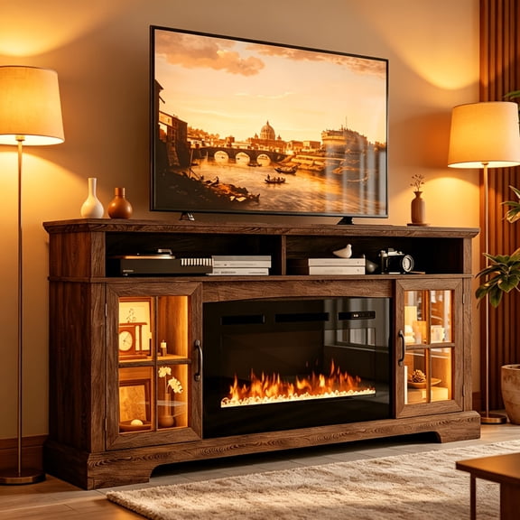 Fireplace TV Stand, Modern Entertainment Center for Tvs Up to 80'', TV Console with Storage Cabinets, Media Console for Living Room