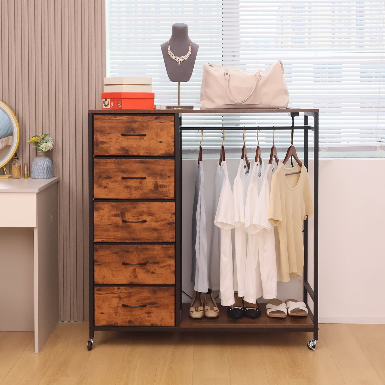 Walsport Dresser for Bedroom with Clothes Rack, 5 Drawers Dresser with Charging Station & LED Lights,Storage Chest of Drawers with Wheels, Wooden Top, Lockable Wheels, Bedroom, Closet(Brown)