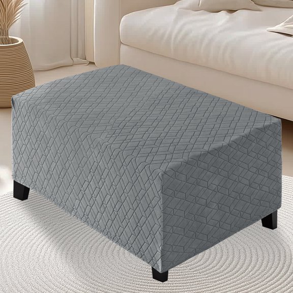 Lapalife Ottoman Cover Rectangular Geometric Footstool Cover Jacquard Footrest Slipcovers with Elastic Bottom Furniture Protector Removable Washable, Gray