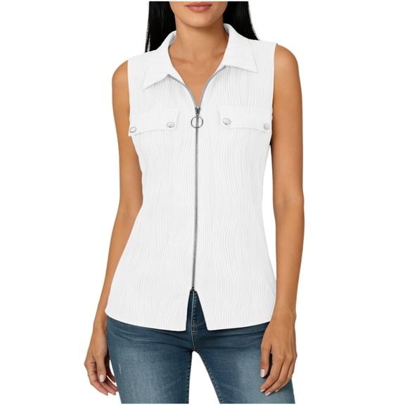 Ecqkame Womens Turndown Collar Tank Tops Water Ripple Front Zip Up Sleeveless Casual Shirts Summer Lightweight Blouse White M