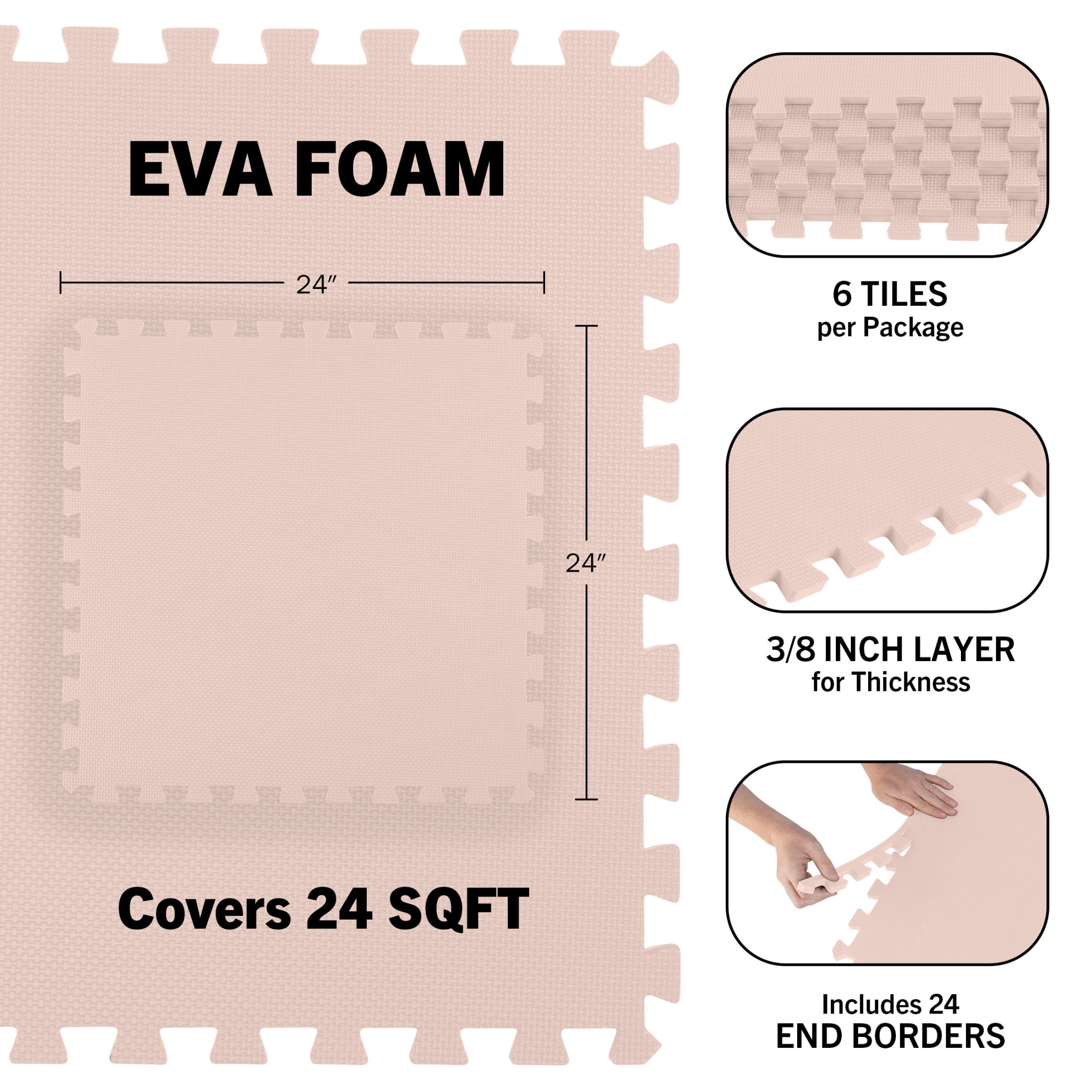 Stalwart 24sqft Foam Floor Tiles - Soft Nontoxic Baby Play Mat, Pink