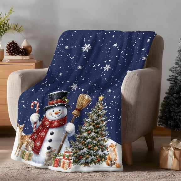 Throw Blanket Fleece Throw Blanket 40x50in, Winter Snowman Xmas Tree Soft Lightweight Bed Blankets Falling Snowflake Deer Squirrel Rabbit Fuzzy Couch Blankets for All Season