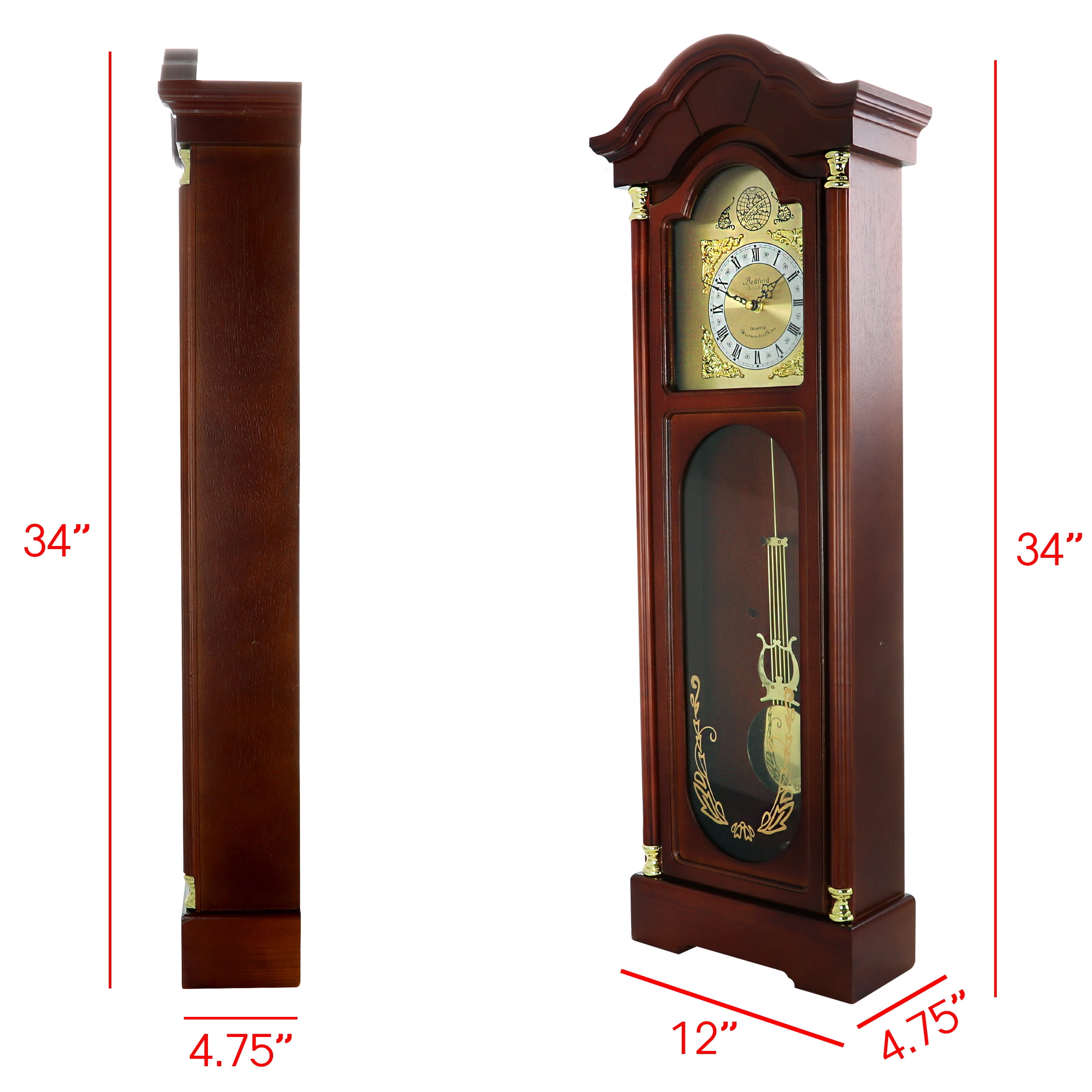Bedford Clock Collection 33" Antique Cherry Oak Finish Chiming Wall Clock with Roman Numerals