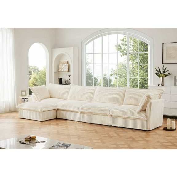 Slipcovered L Shape Sectional Long Sofa Couch, 4 Seater Sofa with Suppleness Armrests,Deep Seat Sofa with 2 Big Pillows, Comfy Couch for Living Room, Apartment, Cream Corduroy Fabric11265