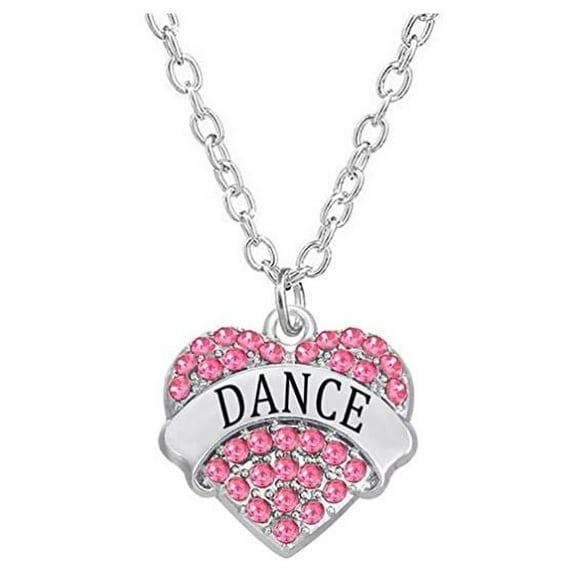 17 Main Silvertone Crystal Heart Shaped Dance Charm Necklace Pink