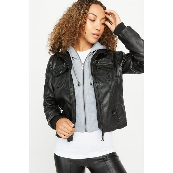 Urban Planet Women's Faux-Leather Contrast Faux-Fur Hooded Bomber Jacket