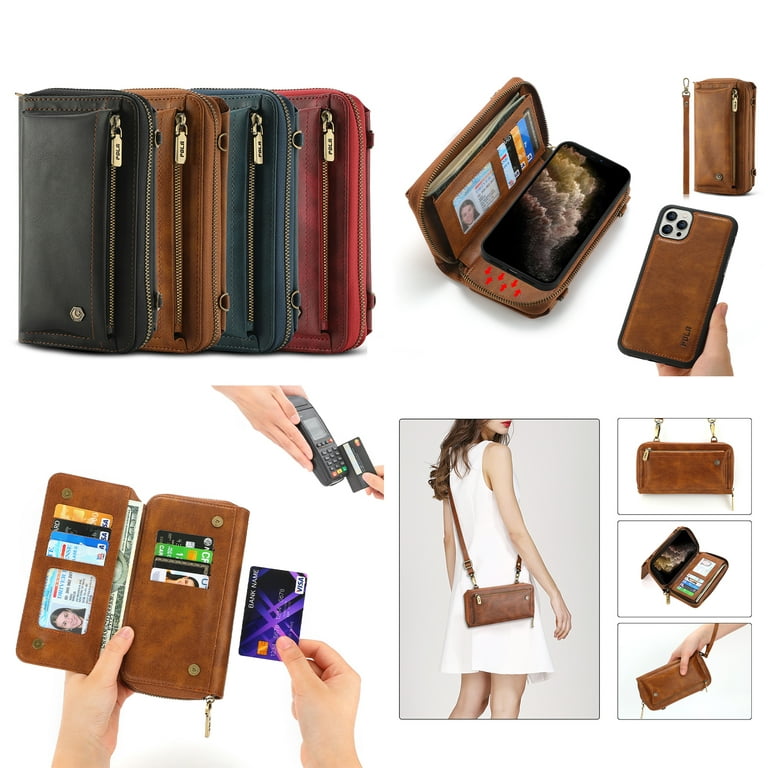 TECH CIRCLE iPhone11pro Zipper Wallet Case, PU Leather Cover Stand Flip  Cover with Card Slot Detachable Magnetic Zipper Wallet Strap Wrist Strap  for iPhone 11 Pro,Brown 