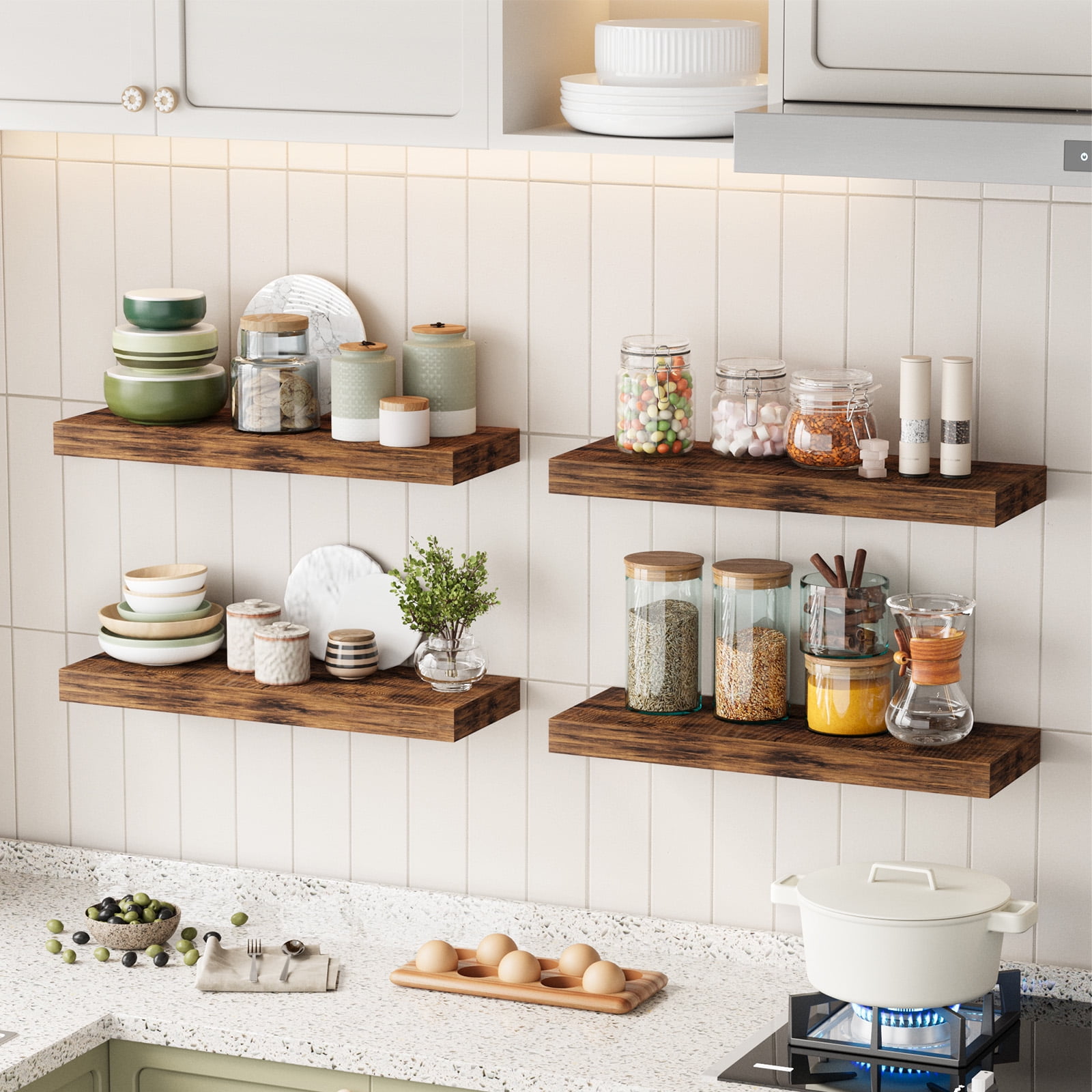 Fairy 15.8in Floating Shelves, Set of 6 Wood Shelves, Farmhouse Shelf Wall Decor, Brown