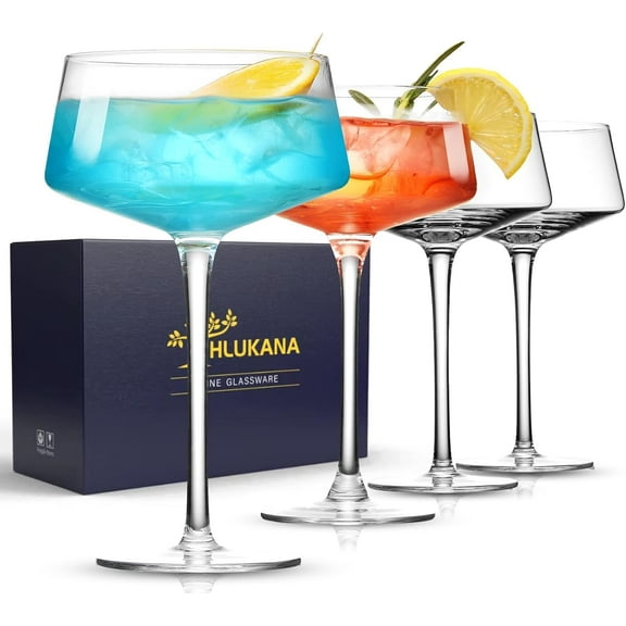 Hand Blown Martini Glasses Set of 4, 8 oz Coupe Glass, Premium Crystal Cocktail Glassess, Champagne Glass, Handblown Drinkware Set, Perfect for Bar, Cocktails, Martinis, Margaritas, Parties