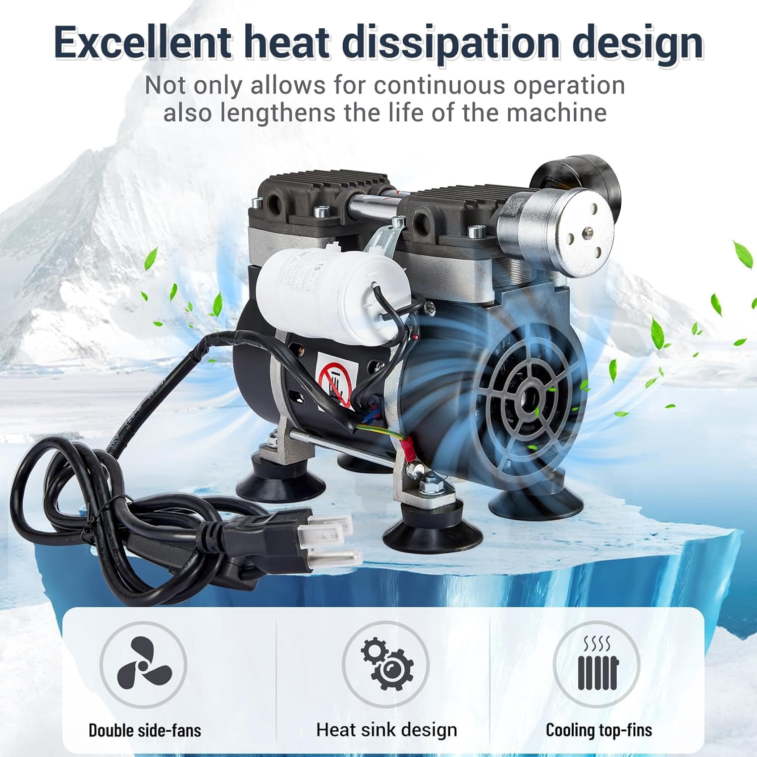 FOUR E's Scientific Vacuum Pump 50L/Min with Switch, Oilless Lab Pump with Vacuum Meter, Aluminum Silencer and 4 Connectors, for Laboratory, Electronics, Industry