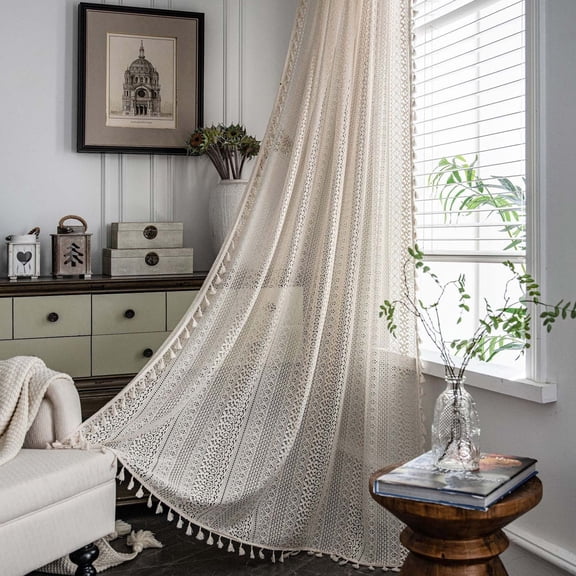 Cotton Crochet Lace Window Curtain Panel With Tassels Rod Pocket Semi Sheer Hollow Curtains For Bedroom Living Room for Bedroom Living Room, 59*94in