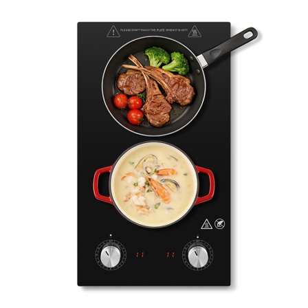 Sunmaki 2 Burner Electric Cooktop 1800W Portable Electric Stove with 11 Power Levels, Knob Control, 12 inch