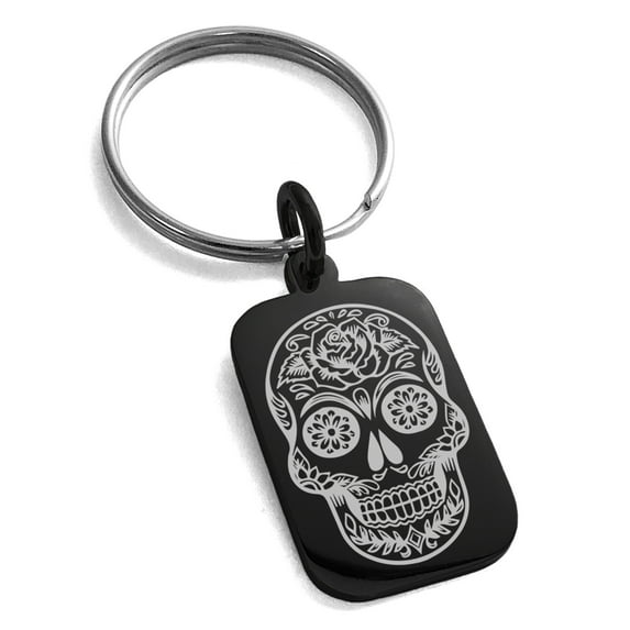 Stainless Steel Day of the Dead Sugar Skull Engraved Small Rectangle Dog Tag Charm Keychain Keyring
