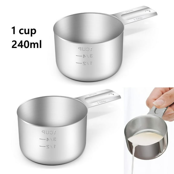 2 Pack 1 Cup Stainless Steel Measuring Cup Metal Measuring Cups with Handle Kitchen Cooking Gadgets Rice Measuring Cup for Wet and Dry Ingredients (240 ml | 8 oz)