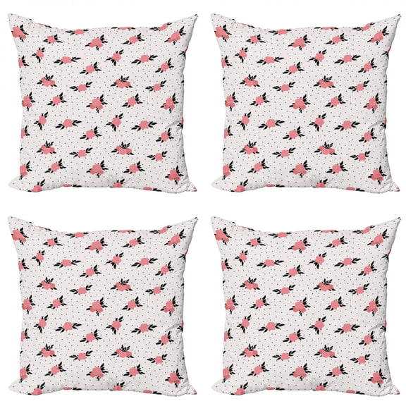 Ambesonne Floral Throw Pillow Cover 4 Pack, Vintage Roses and Leaves, 24", Coral Pale Pink