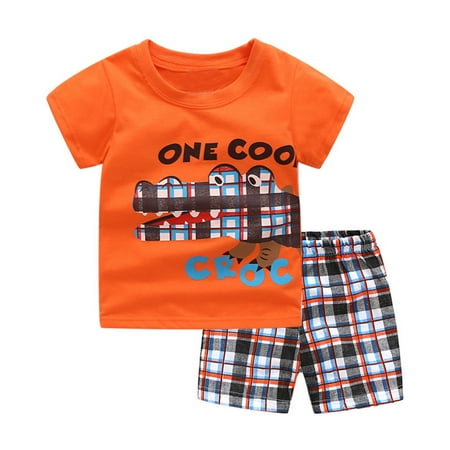 

FRSASU Kids Outfits Clearance Toddler Baby Boys Cartoon Dinosaur Crocodile T Shirt Grid Shorts Outfits
