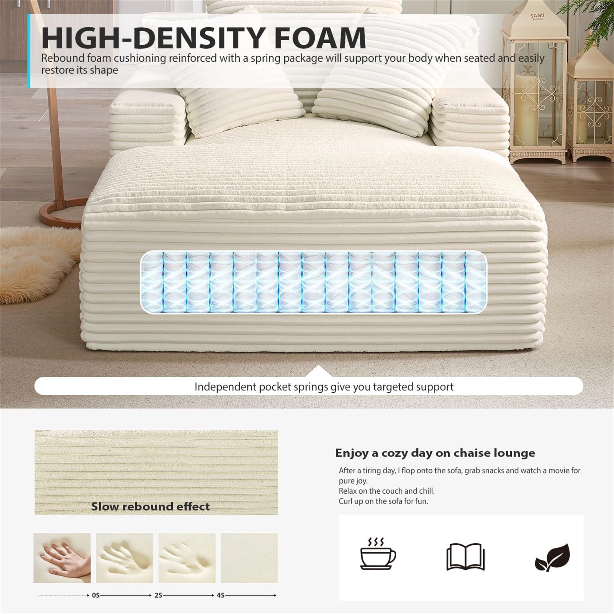 Aukfa 66" Oversized Chaise Lounge Indoor Chair Boneless Couch for Living Room Bedroom, 3Pillows, White