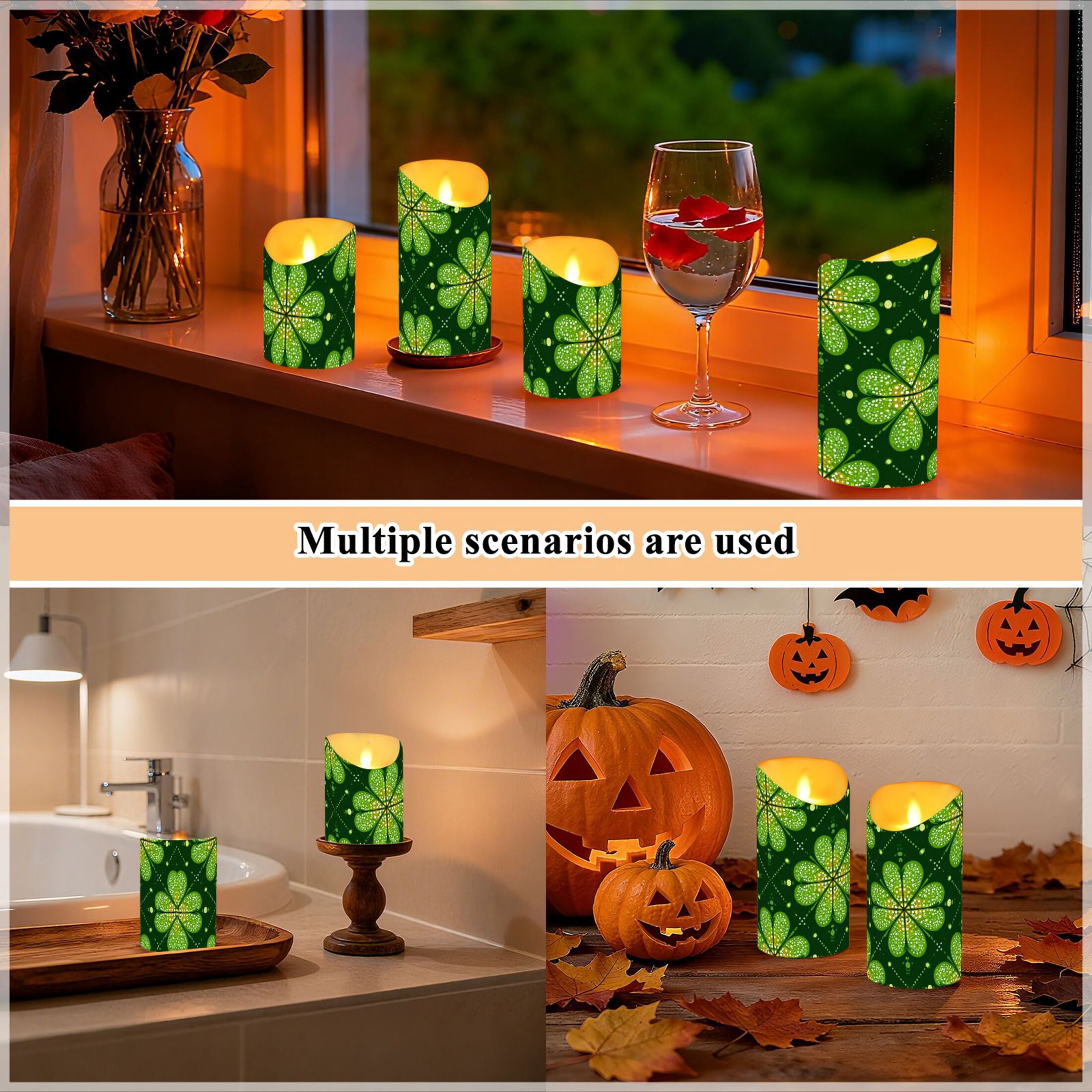 Clovers on Grids St Patricks Day Flickering Flameless Candles with Remote Timer Battery Operated LED Tealight Set of 2 M