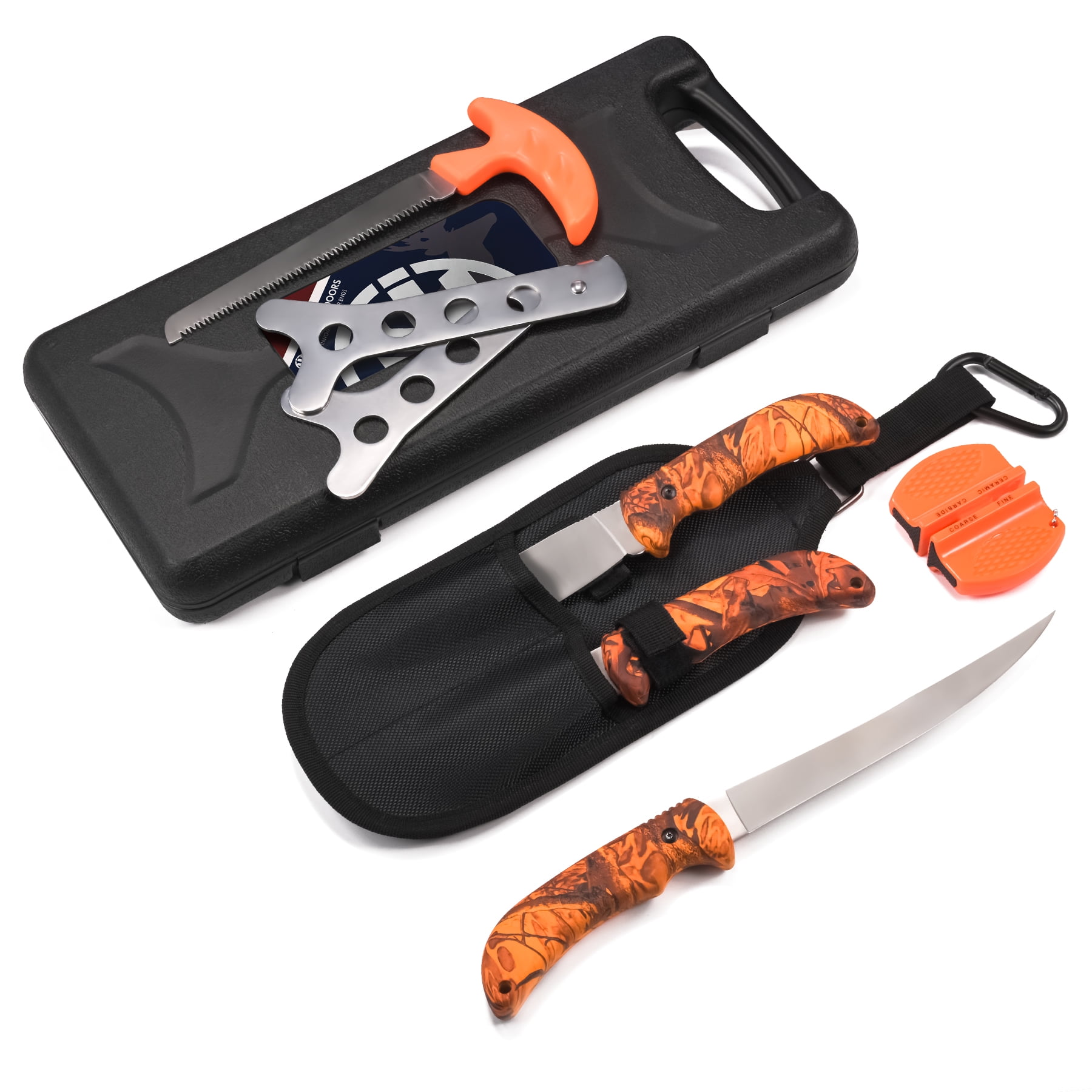KNINE OUTDOORS Hunting Deer Knife Set Red Maple Camo Handle Field Dressing Kit Portable Game Processor Set with Nylon Belt Sheath, 8 Pieces