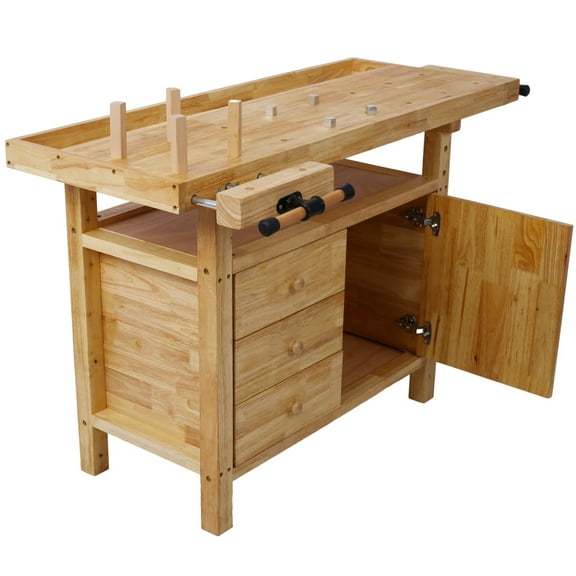 49.5 Inch Rubber Hardwood Workbench with 3 Drawers 1 Cabinet Door and Shelf,330 lbs Weight Capacity,Heavy Duty Portable Wood Work Bench Table for Garage, Workshop, Home Storage,Natural