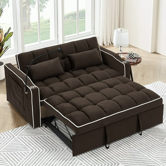 Dinosisco 4-in-1 Convertible Loveseat Sleeper, 55" Futon Sofa Bed with Phone Stand, USB, Brown Velvet
