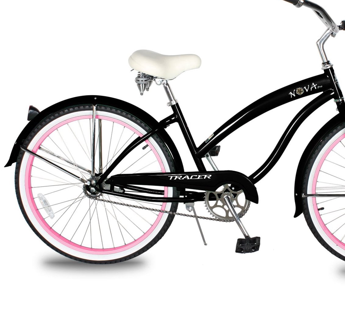 WonderWheels Beach Cruiser Shimano Tx-35 7 Speed Bicycle, Bike, V-Brake Stainless Steel Spokes One Piece Crank Alloy Purple Rims 36 H With Fender - Black