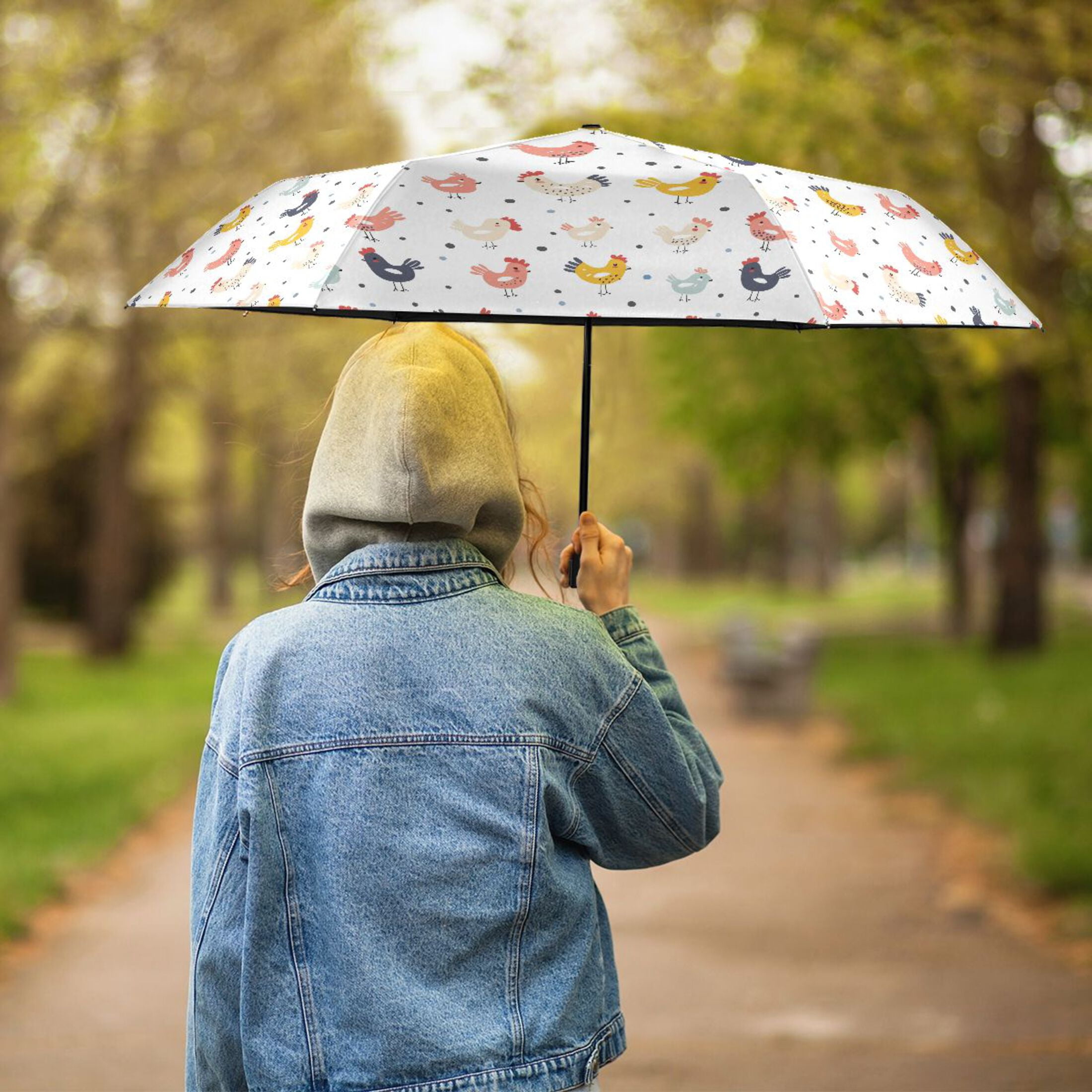 Cute Chicken and Dots Compact Sun Umbrella Windproof Travel Umbrellas for Rain Strong Portable UV Protection