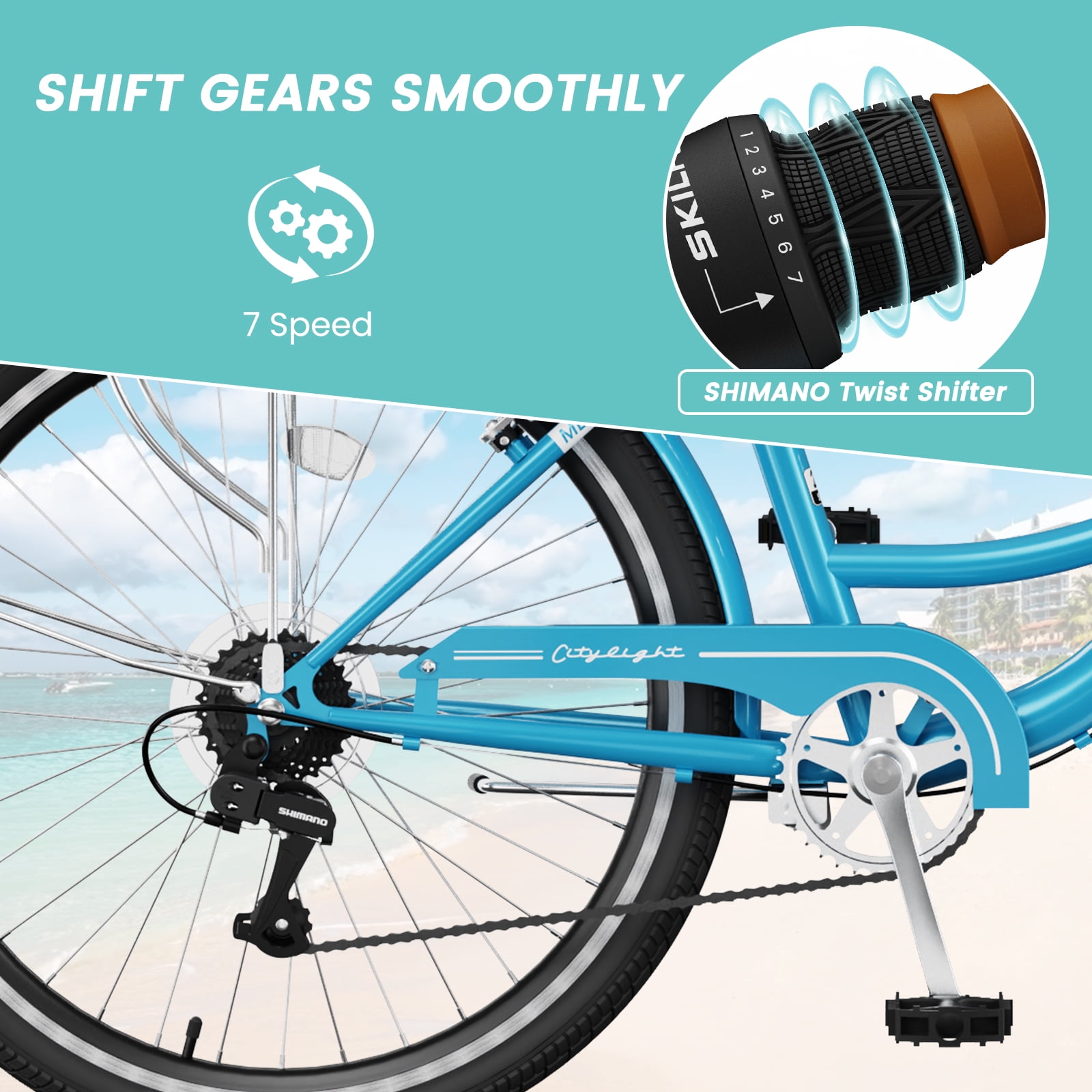 MOONCOOL 24/26 Inch Cruiser Bike for Women, 7 Speed Step-Through Bicycle with Basket, Rear Rack & Lock, Retro City Bike for Adults