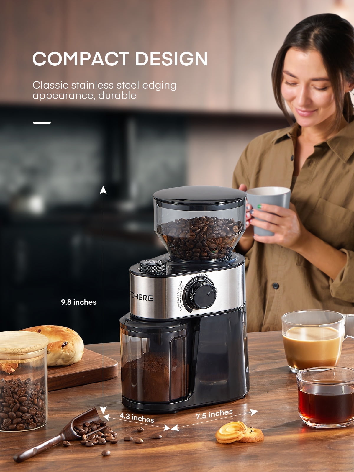 FOHERE Electric Burr Coffee Grinder, 200W photo 5
