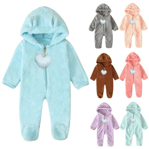 YHAJDS Toddler Fall Winter Casual Jumpsuit, Jumpsuit For Kids Girls 0-12 Months Long Sleeve Solid Color Bear Ear Hooded Warm Onesie With Heart Pendant
