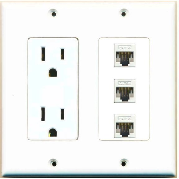 Ultra Spec Cables 15 Amp Power Outlet 3 Port Cat5e Ethernet Jack F/F Wall Plate