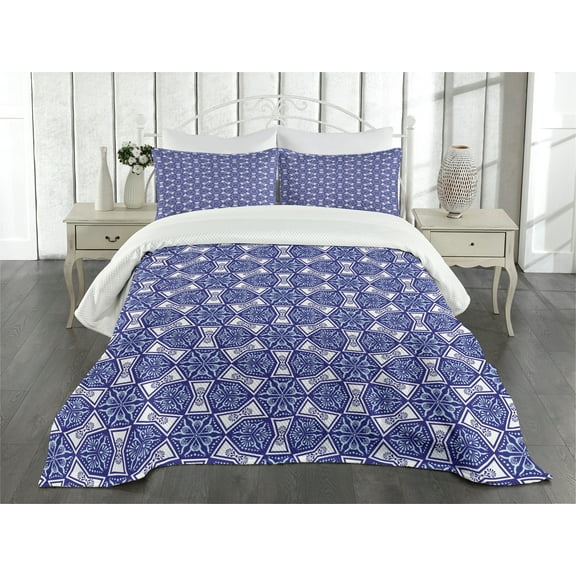 Ambesonne Blue Quilted Bedspread Set 3 Pcs, Indigo Floral Geometric, Queen Size, Dark Blue Sky Blue