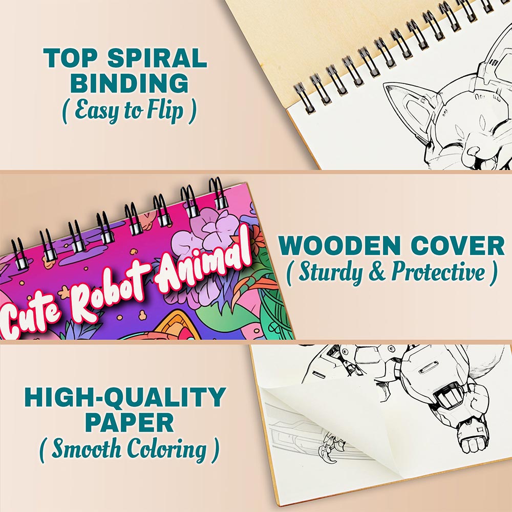 Netecom Cute Robot Animal Coloring Book for Adults, A5 Wooden Cover, Spiral Bound Edition, 30 Adorable Coloring Pages of Robot Animals for Stress Relief and Relaxation