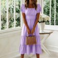 thumbnail image 5 of Iyufng Womens Long Dresses Summer Short Sleeve Pleated Casual Dress Fitted Waist Square Neck Dress, 5 of 6
