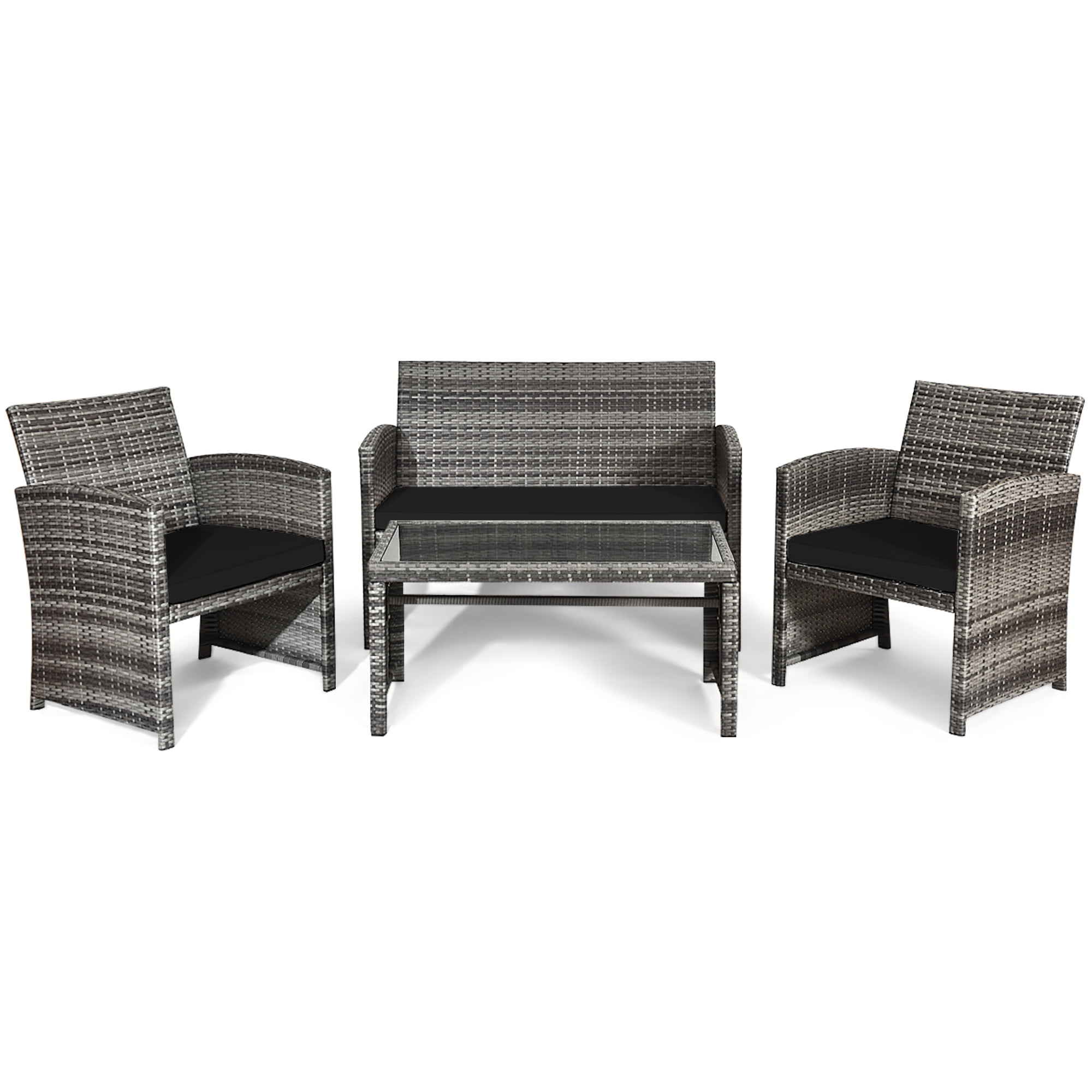 Costway 4PCS Patio Rattan Furniture Set Conversation Glass Table Top Sofa Cushioned, Black