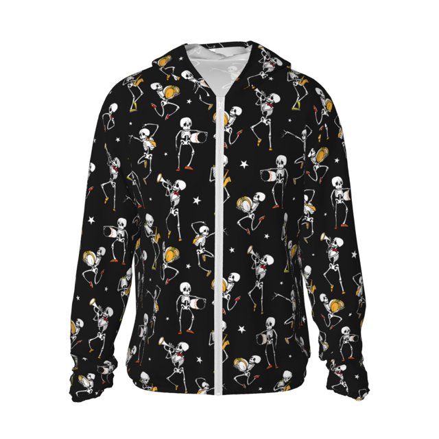 Balery Playing Music Skeletons Sudadera ligera de manga larga con capucha y protección solar UPF 50+ para hombre y mujer, ideal para pesca y running-Small