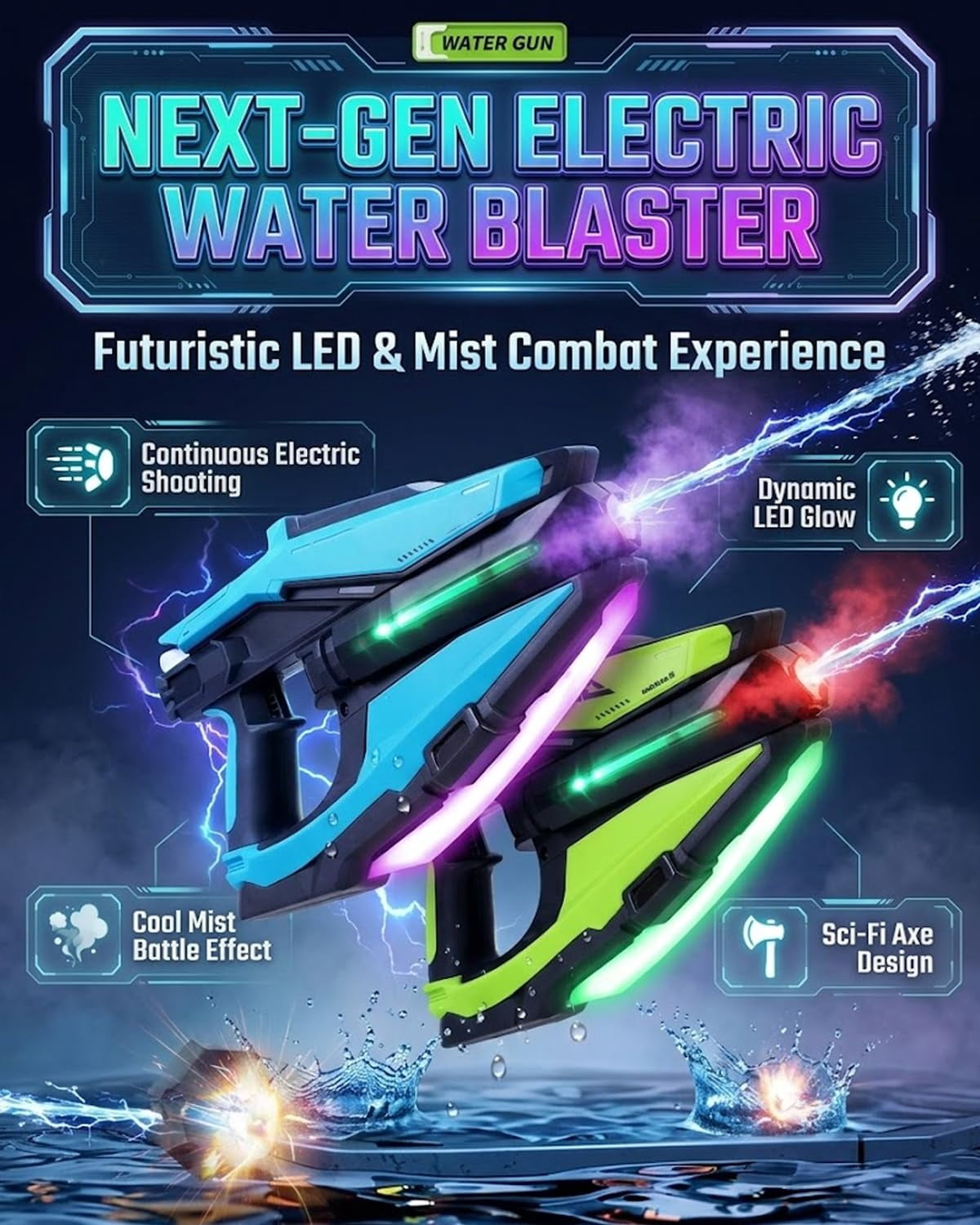 Electric Water Gun with LED & Mist Effects, Automatic Rechargeable Blaster with Futuristic Axe Design, Long Range for Summer Outdoor Fun