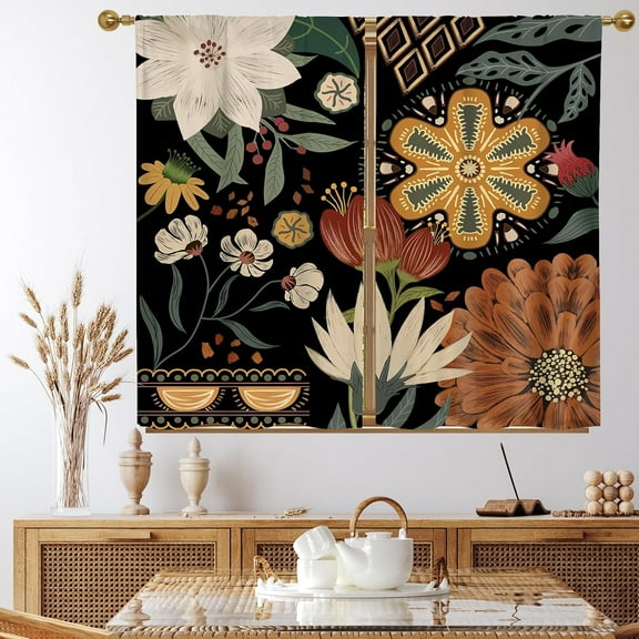 Boho Floral Kitchen Curtains 39 inch Length, Bohemia Short Curtains for Small Window Cafe Store Kitchen Bathroom, Black Country Rod Pocket Drapes, 2 Panels, 26x39