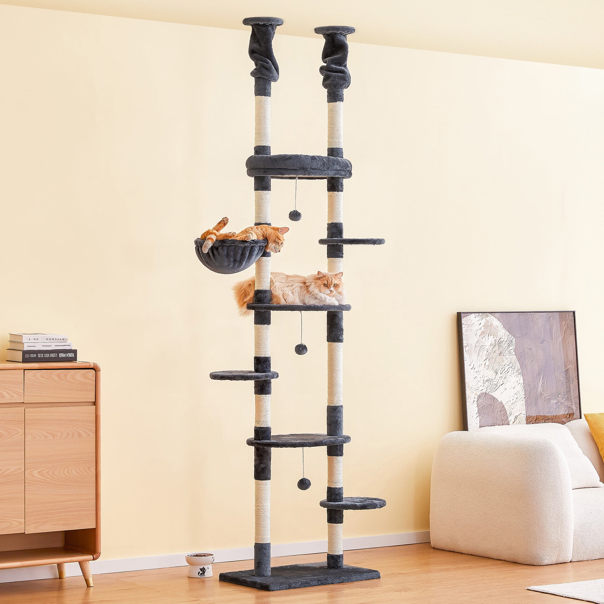 Furcato 92.1"-101.6" Adjustable Height Cat Tree, Floor to Ceiling Cat Tower, 7 Tiers Cat Climbing Tree with Hammock, Smoky Grey