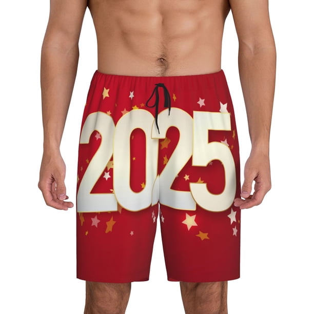 Fotbe Happy New 2025 Year Pantalones Cortos de Pijama para Hombre, Ropa de Dormir, Pantalones de Pijama Cortos para Hombre-3X-Large