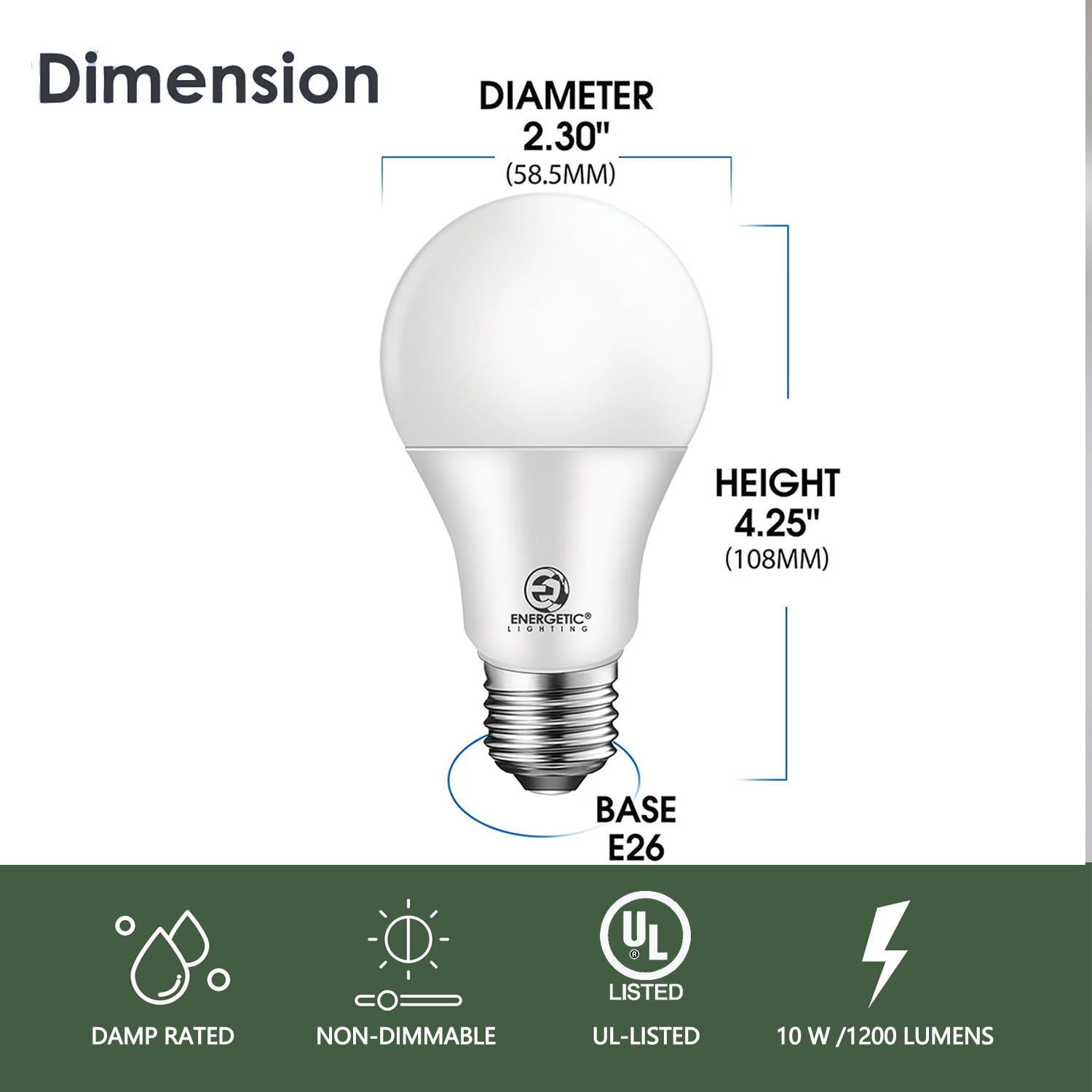 Energetic A19 LED Light Bulb, Standard, 75W Equivalent 10w, Non-Dimmable, 1200lm, 5000K, E26 Medium Base, UL Listed, 12-Pack