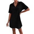 thumbnail image 3 of Women Summer V-Neck Dress Summer Short Sleeve Loose Fitted Casual Collared T-Shirt Dress Black L, 3 of 6