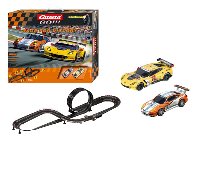 Carrera GO!!! Race for Victory Slot Car Set with Porsche GT3 No 63 and  Chevrolet Corvette  No 3 Cars 