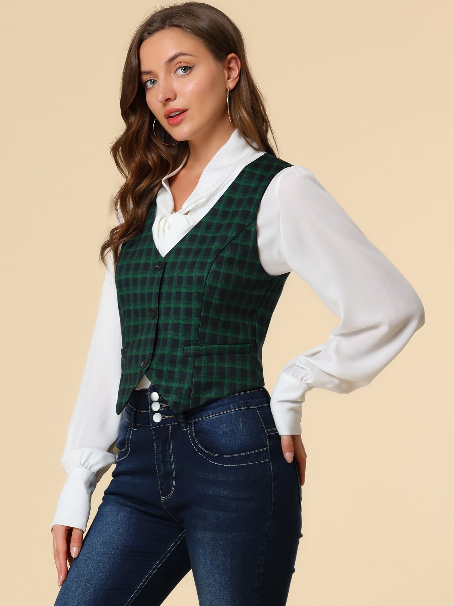 DARING DIVA Women's Cinched Waist Asymmetric Stretchy Plaid Jacket L Green