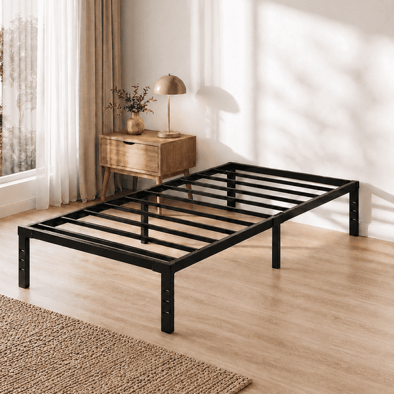 Aitjunz Twin Size Metal Bed Frame, 14 Inch Heavy Duty Steel Platform Bed Frame with Under Bed Storage, No Box Spring Needed, Black